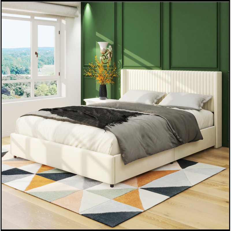 Mercer41 Anna Patented 2 Drawer Storage Bed Queen Size Ivory Velvet Upholstered Wingback Platform Bed Wayfair